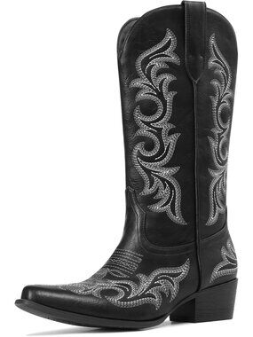 Women's Midcalf Black Cowgirl Boots Pointed Toe Western Boot Chunky Heel Pull-On